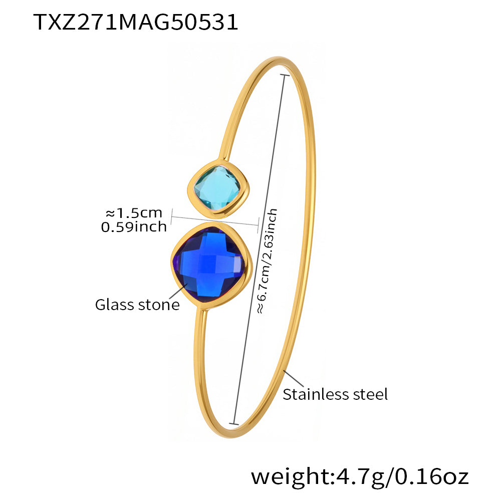 18k gold plated stainless steel blue-teal glass stone bangle spec view, inner diameter 6.7cm, weight 4.7g