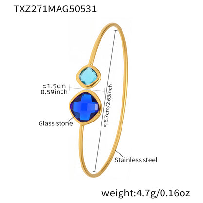 18k gold plated stainless steel blue-teal glass stone bangle spec view, inner diameter 6.7cm, weight 4.7g