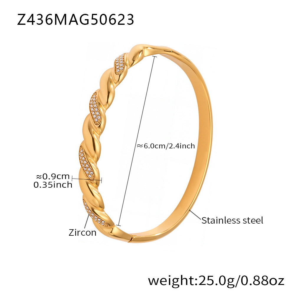 18K gold plated stainless steel braided zircon bangle spec view, inner diameter 6.0cm, weight 25.0g