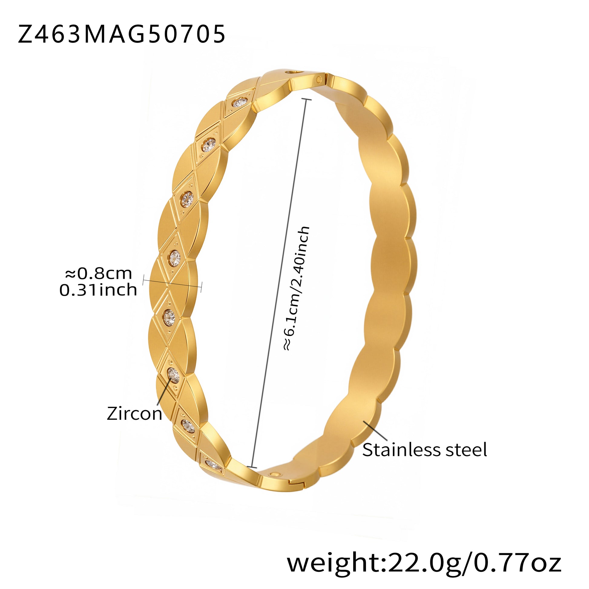 18k gold plated stainless steel braided zircon bangle spec view, inner diameter 6.1cm, weight 22.0g