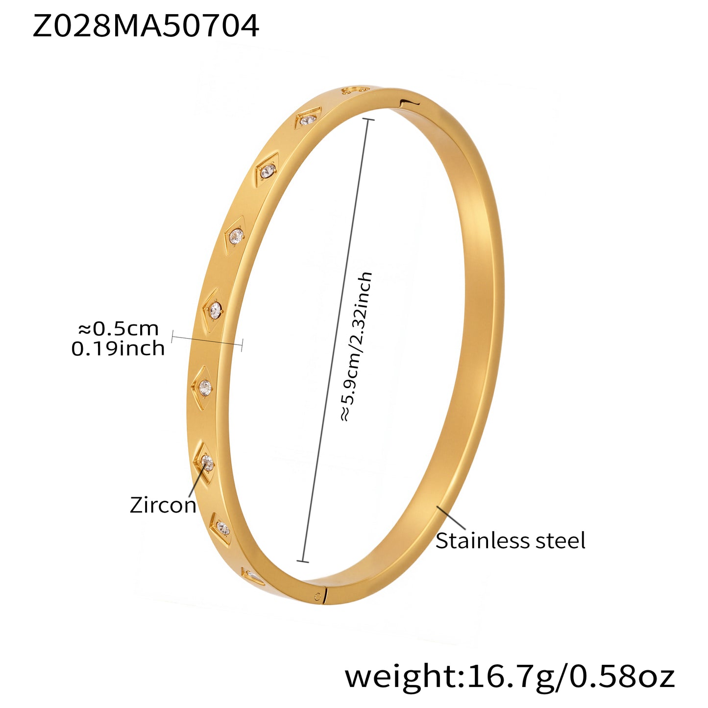 18k gold plated stainless steel diamond zircon bangle spec view, inner diameter 5.9cm, weight 16.7g