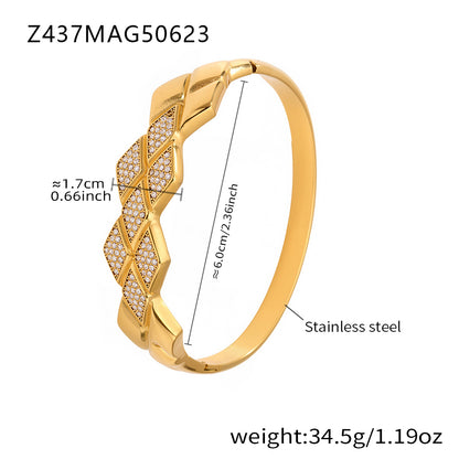 18K gold plated stainless steel diamond-cut zircon bangle spec view, inner diameter 6.0cm, weight 34.5g