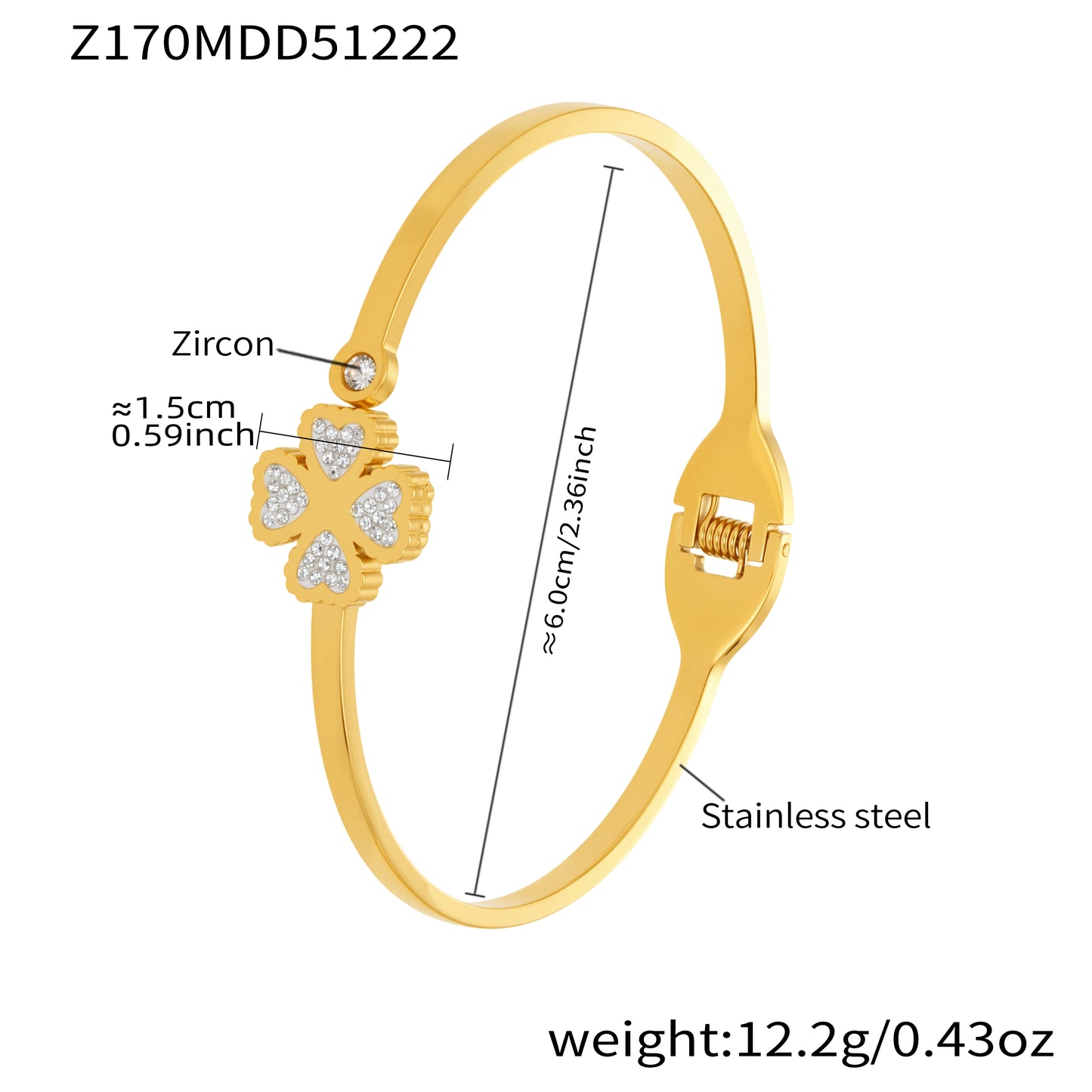 18K gold plated stainless steel four-leaf clover zircon bangle spec view, inner diameter 6.0cm, weight 12.2g