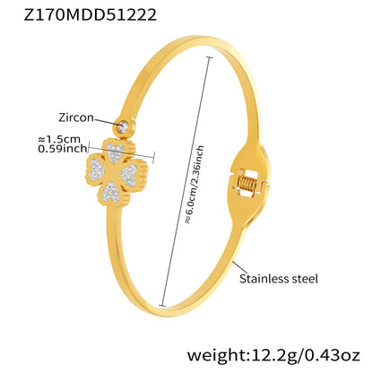 18K gold plated stainless steel four-leaf clover zircon bangle spec view, inner diameter 6.0cm, weight 12.2g