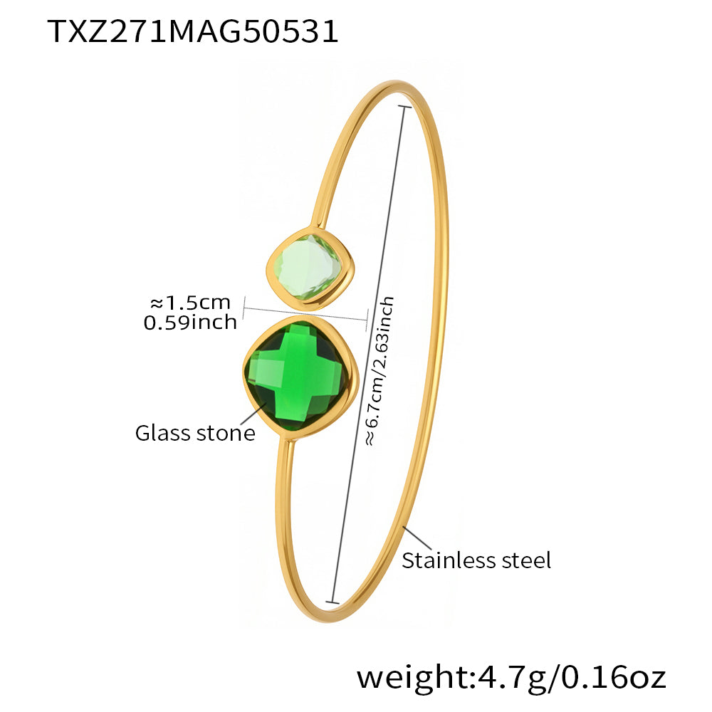 18k gold plated stainless steel green-light glass stone bangle spec view, inner diameter 6.7cm, weight 4.7g