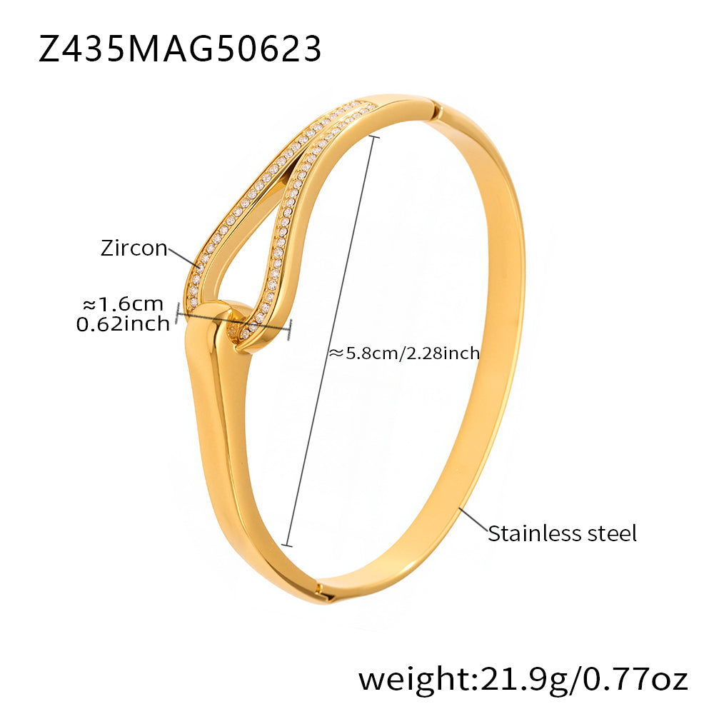 18K gold plated stainless steel horseshoe-clasp zircon bangle spec view, inner diameter 5.8cm, weight 21.9g