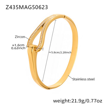 18K gold plated stainless steel horseshoe-clasp zircon bangle spec view, inner diameter 5.8cm, weight 21.9g