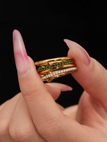 18K gold PVD stainless steel lock and key stacked ring with green and clear 5A zircon pave
