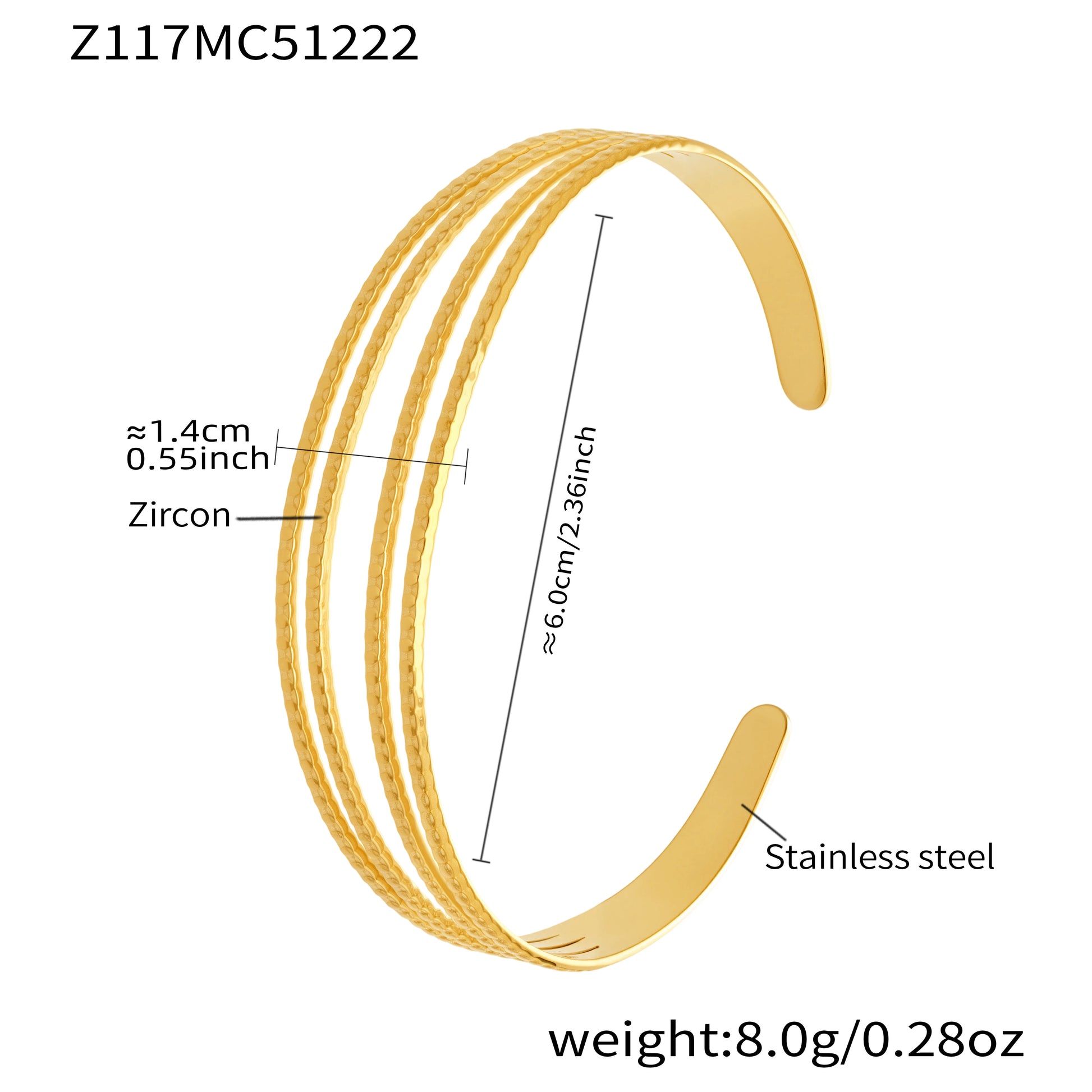 18K gold plated stainless steel multi-strand textured bangle spec view, inner diameter 6.0cm, weight 8.0g