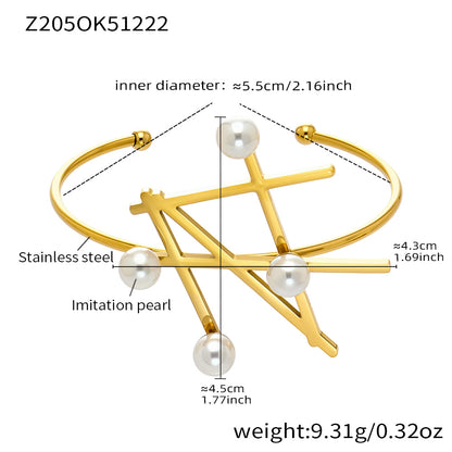 18K gold plated stainless steel pearl geometric bangle spec view, inner diameter 5.5cm, weight 9.31g