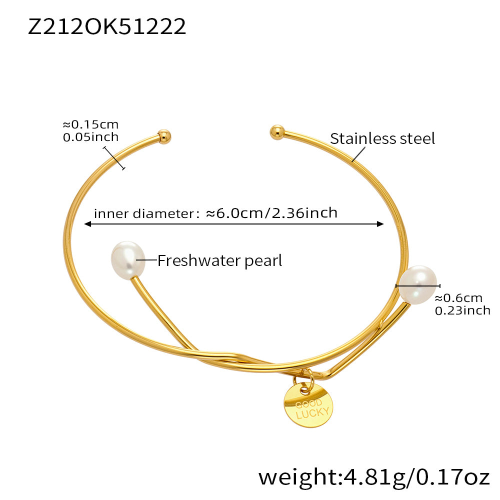 18K gold plated stainless steel pearl & lucky tag bangle spec view, inner diameter 6.0cm, weight 4.81g
