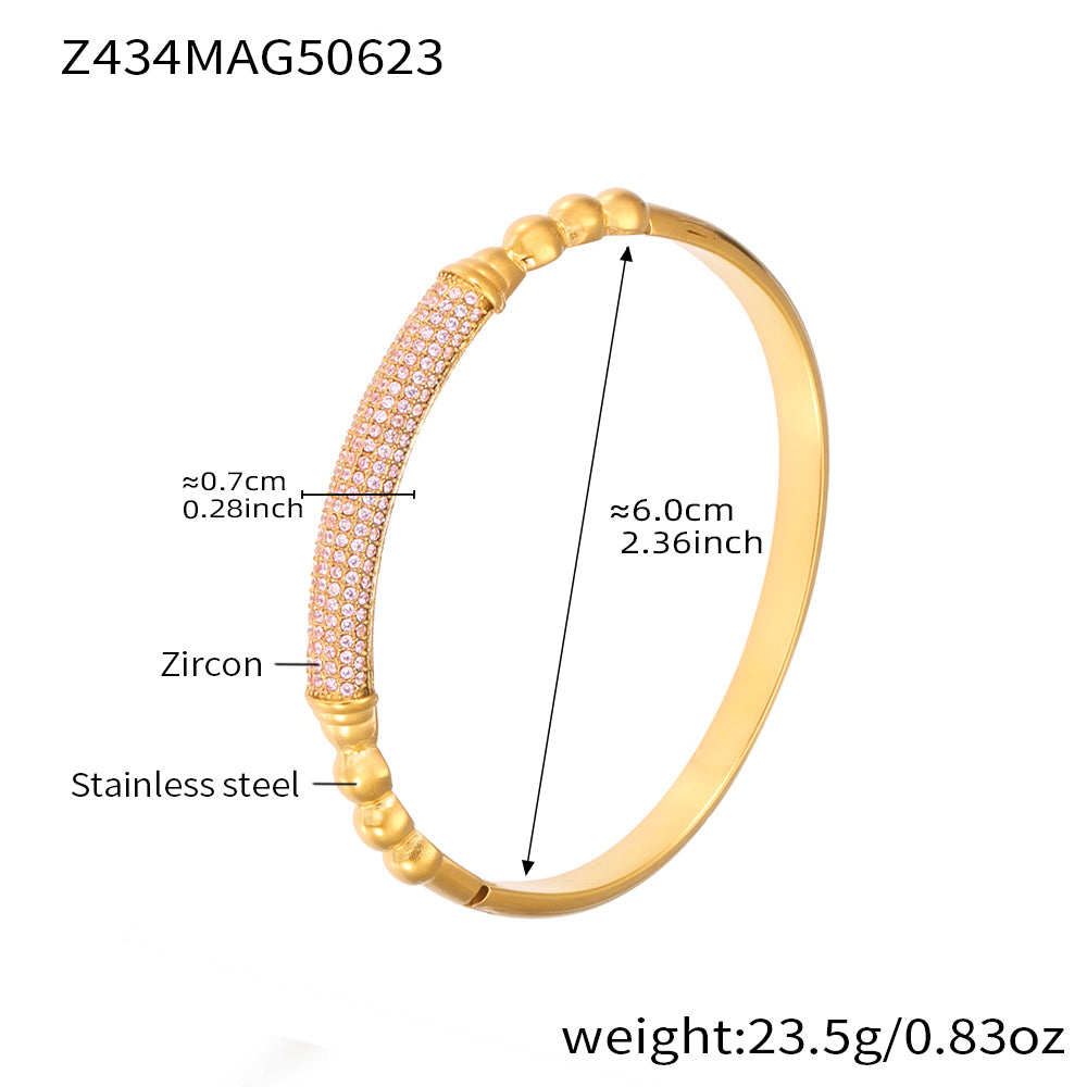 18K gold plated stainless steel pink zircon bangle spec view, inner diameter 6.0cm, weight 23.5g