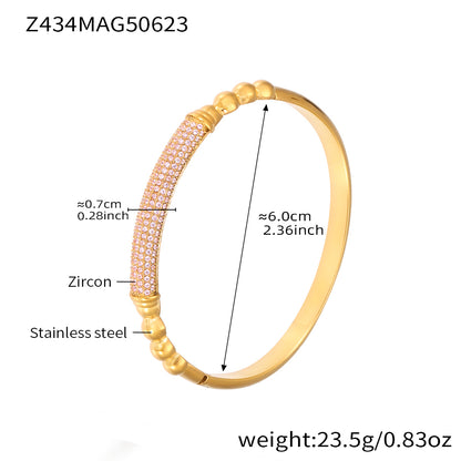 18K gold plated stainless steel pink zircon bangle spec view, inner diameter 6.0cm, weight 23.5g