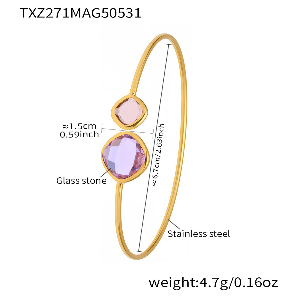 18k gold plated stainless steel purple-pink glass stone bangle spec view, inner diameter 6.7cm, weight 4.7g