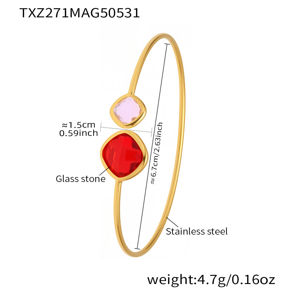 18k gold plated stainless steel red-pink glass stone bangle spec view, inner diameter 6.7cm, weight 4.7g