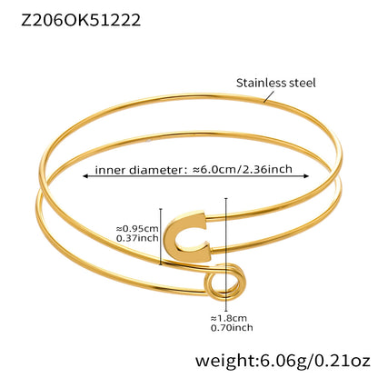 18K gold plated stainless steel safety-pin bangle spec view, inner diameter 6.0cm, weight 6.06g