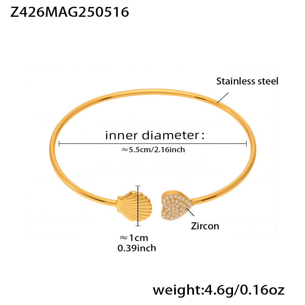 18K gold plated stainless steel shell & heart zircon bangle spec view, inner diameter 5.5cm, weight 4.6g