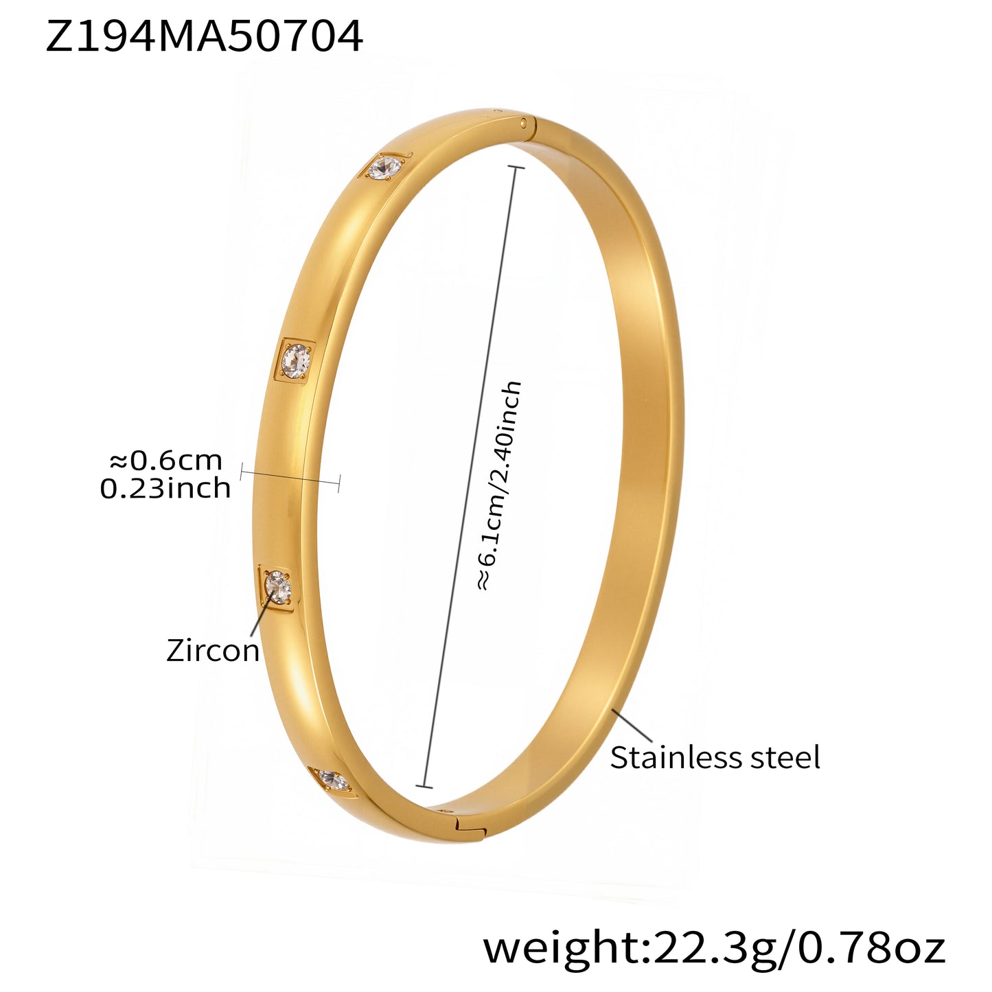 18k gold plated stainless steel square zircon bangle spec view, inner diameter 6.1cm, weight 22.3g