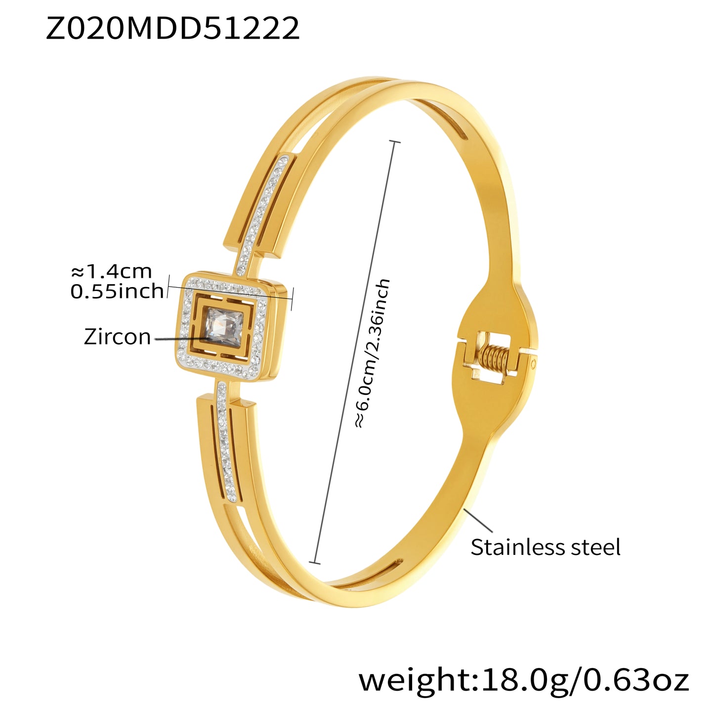 18K gold plated stainless steel square zircon clasp bangle spec view, inner diameter 6.0cm, weight 18.0g