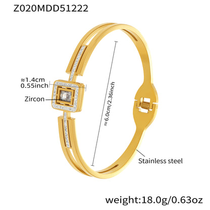 18K gold plated stainless steel square zircon clasp bangle spec view, inner diameter 6.0cm, weight 18.0g