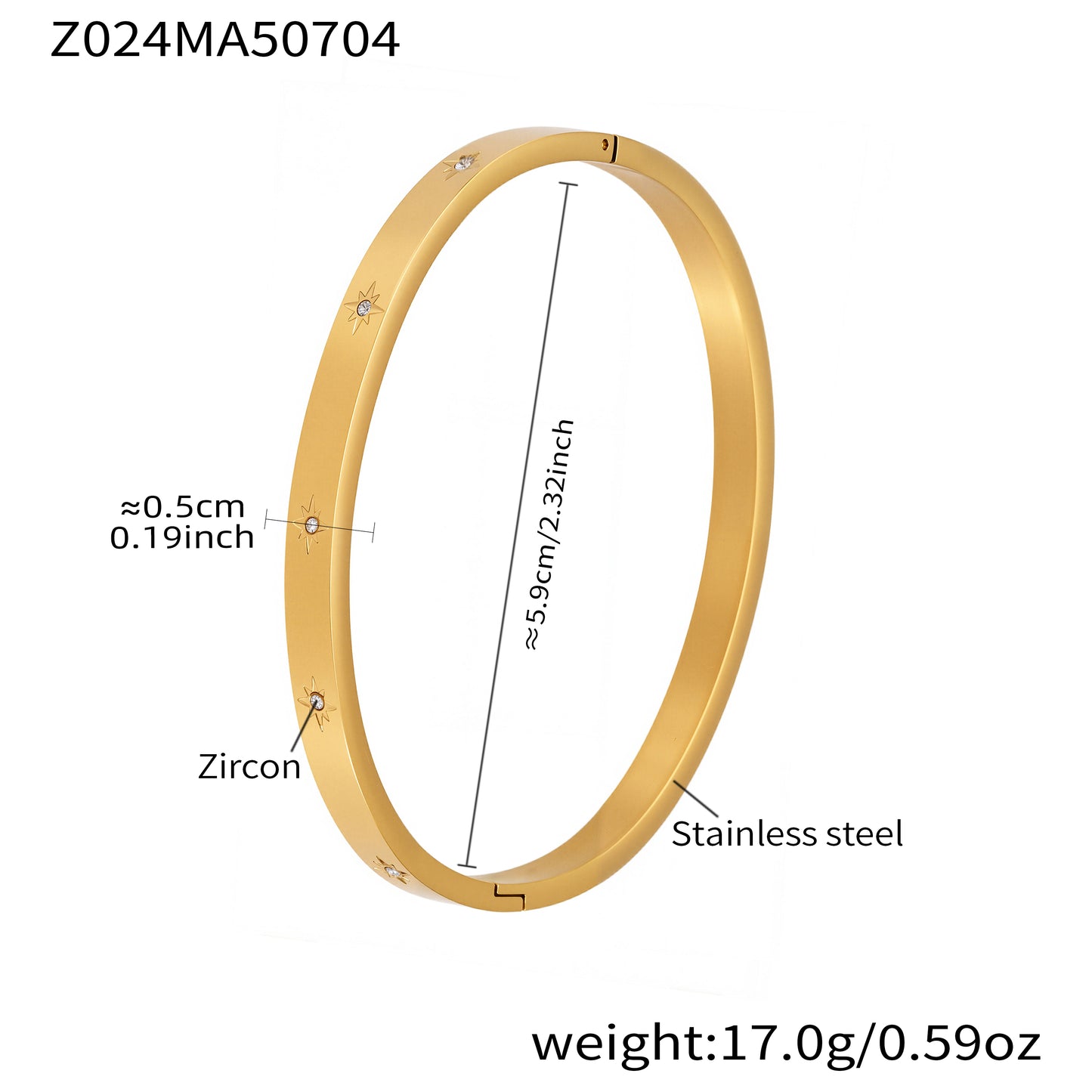 18k gold plated stainless steel star zircon bangle spec view, inner diameter 5.9cm, weight 17.0g