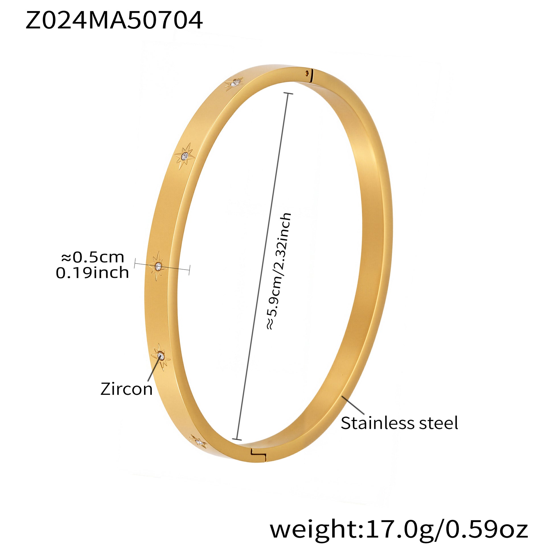 18k gold plated stainless steel star zircon bangle spec view, inner diameter 5.9cm, weight 17.0g