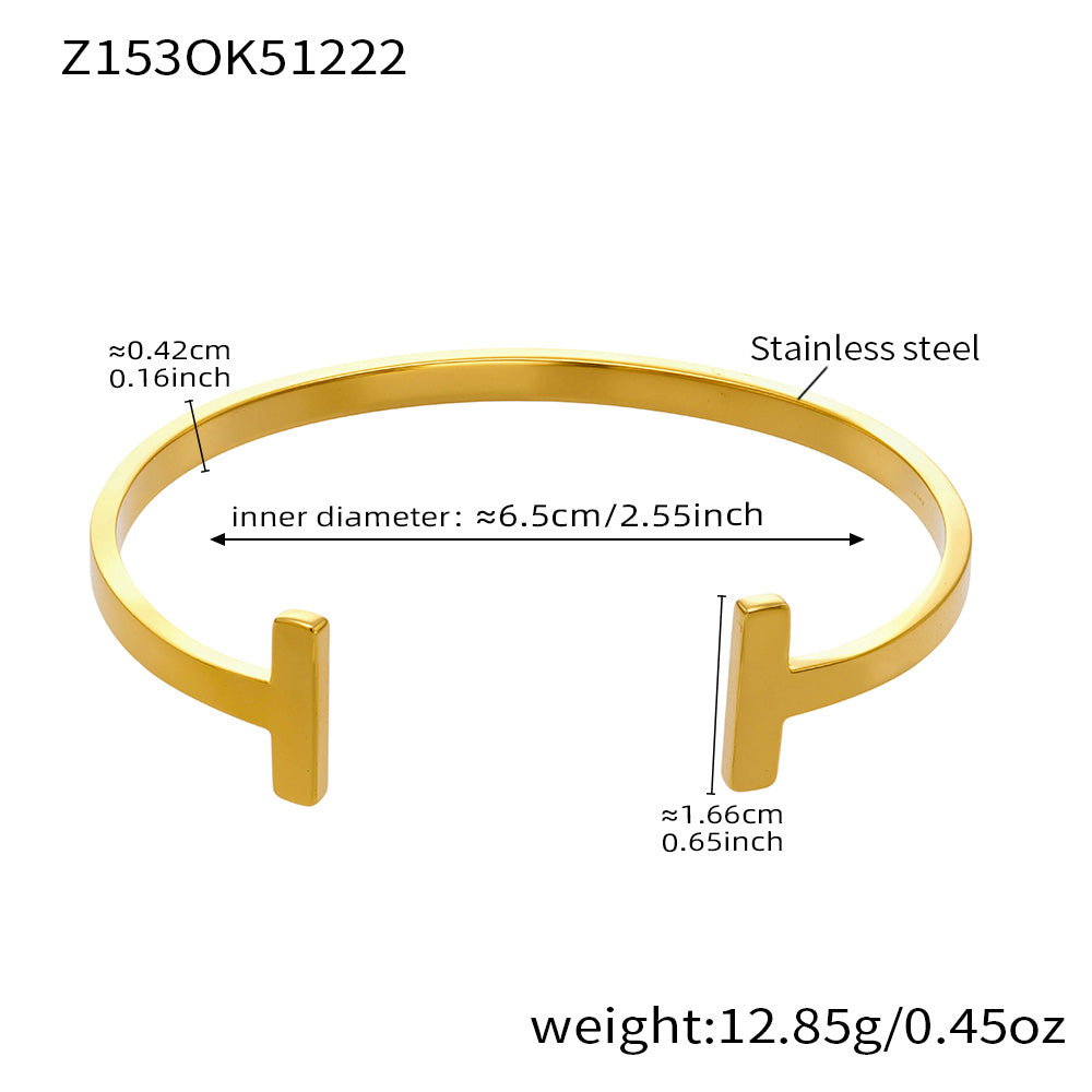 18K gold plated stainless steel T-shape open bangle spec view, inner diameter 6.5cm, weight 12.85g