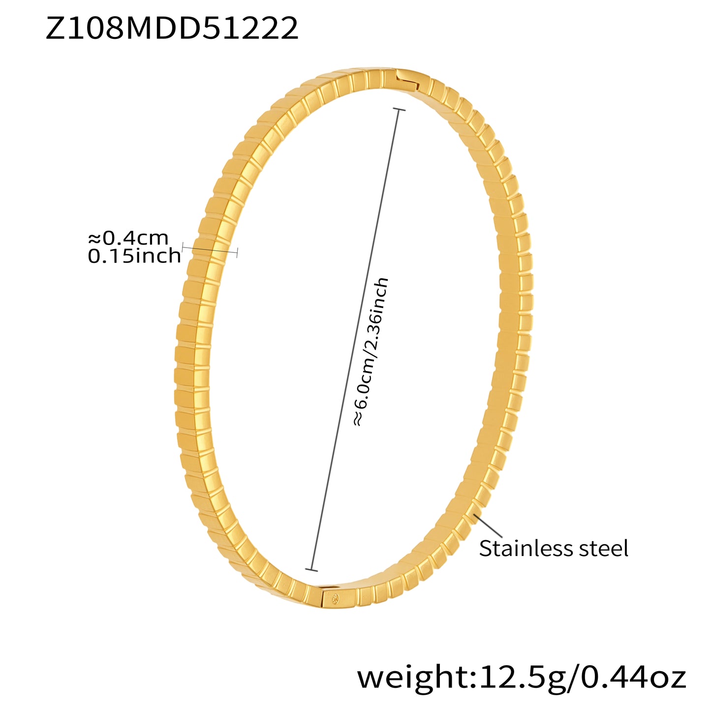 18K gold plated stainless steel textured plain bangle spec view, inner diameter 6.0cm, weight 12.5g