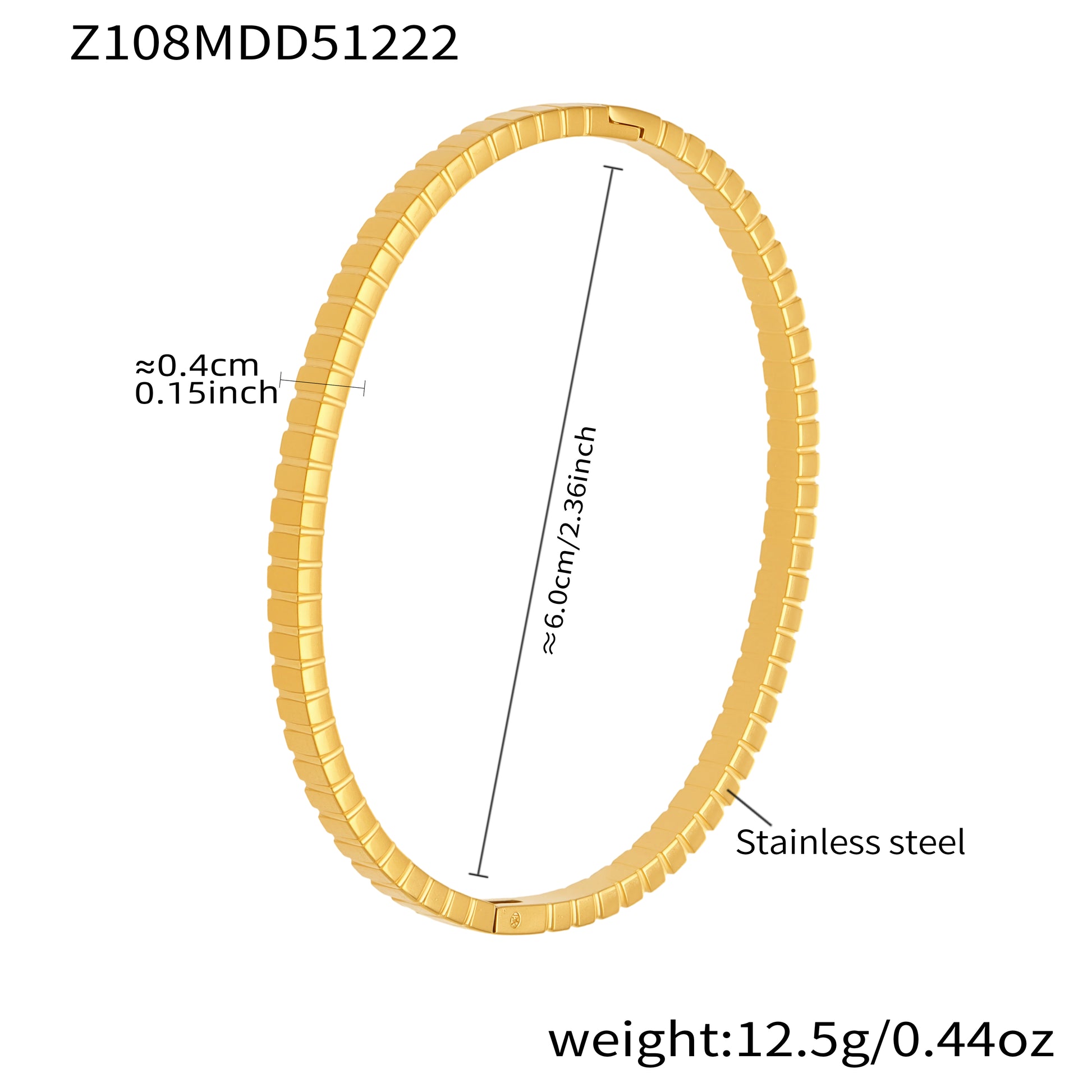 18K gold plated stainless steel textured plain bangle spec view, inner diameter 6.0cm, weight 12.5g