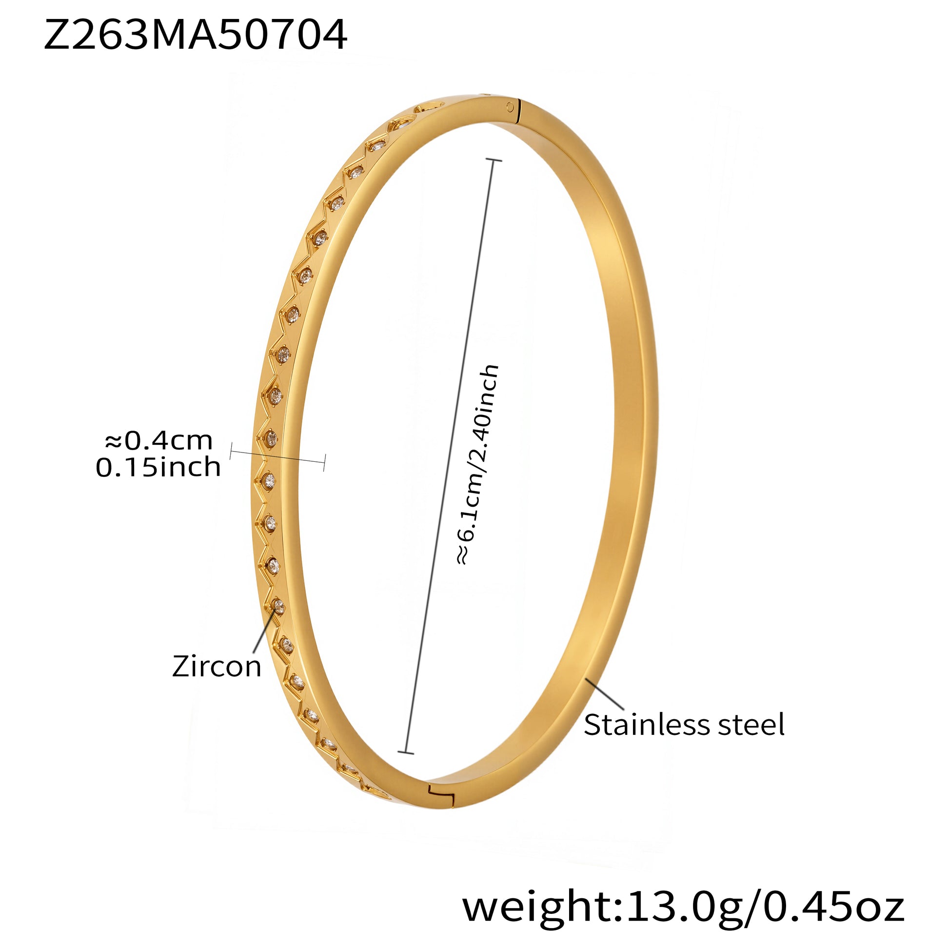 18k gold plated stainless steel thin full zircon bangle spec view, inner diameter 6.1cm, weight 13.0g