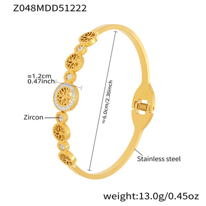 18K gold plated stainless steel tree-of-life zircon bangle spec view, inner diameter 6.0cm, weight 13.0g