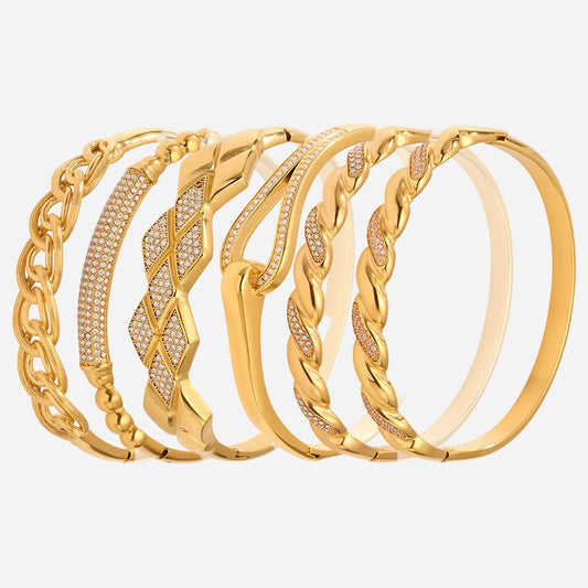 18K gold plated stainless steel zircon bangle set (multiple styles) on white background, European high-end jewelry