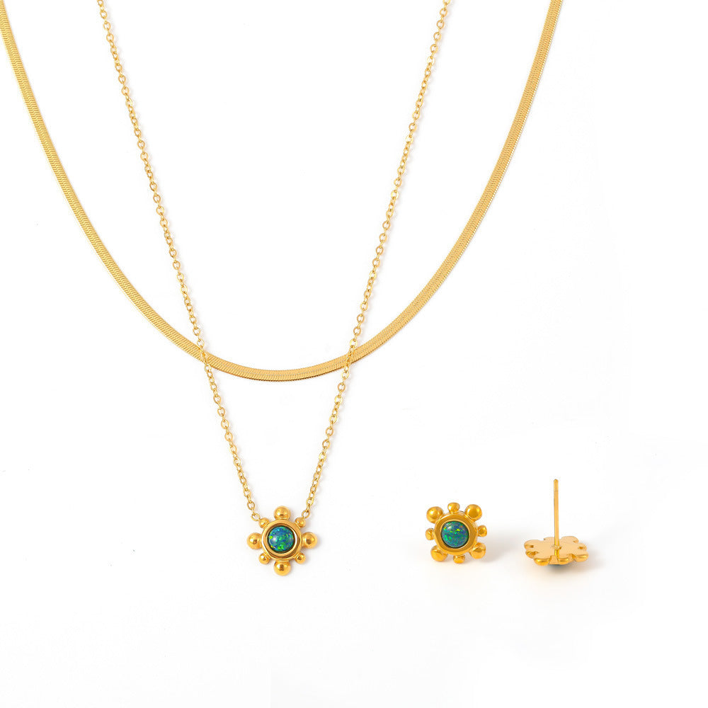 316L Stainless Steel 18K Gold PVD  Natural Gemstone Layering Jewelry Set Necklace & Earrings