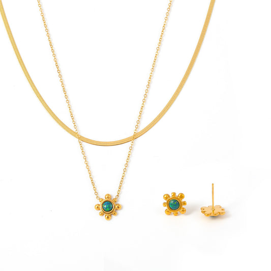 316L Stainless Steel 18K Gold PVD  Natural Gemstone Layering Jewelry Set Necklace & Earrings