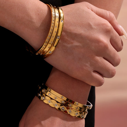 model stacking 18k gold titanium steel zircon bangles, elegant european style