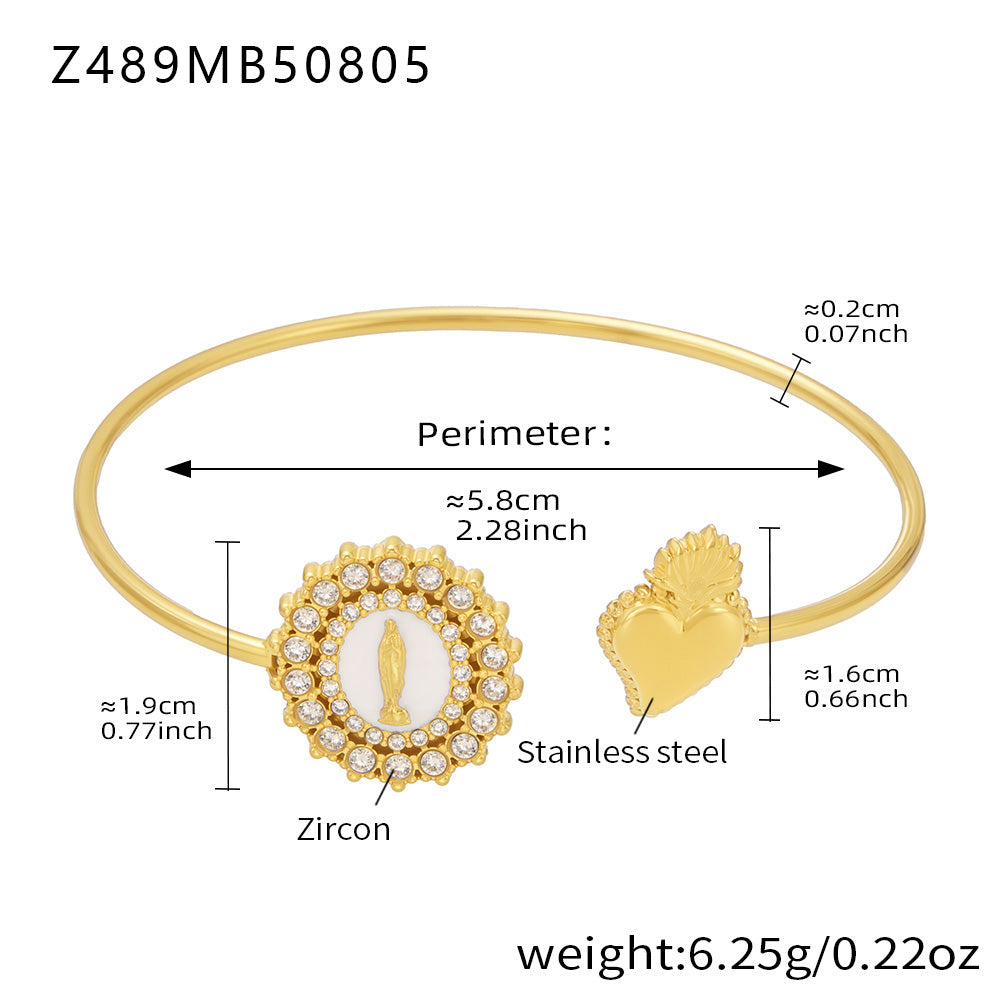 18K gold plated stainless steel virgin-heart bangle spec view (5A zircon), perimeter 5.8cm, weight 6.25g