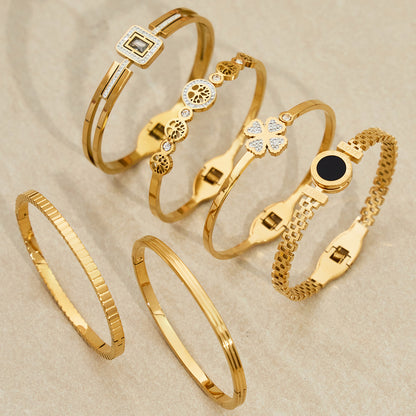 Detail view of 18K gold zircon clasp bangle set, diverse design jewelry collection
