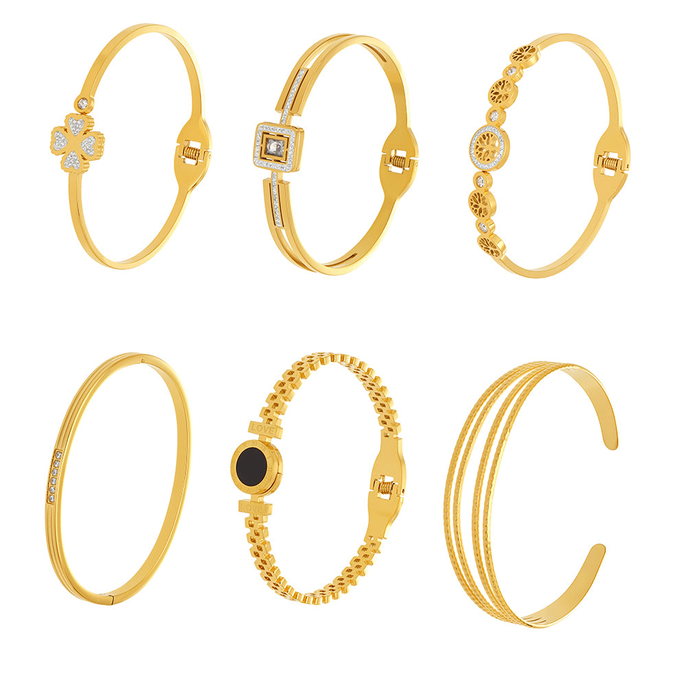 18K gold zircon clasp bangle set (6 styles) on white background, minimalist jewelry collection