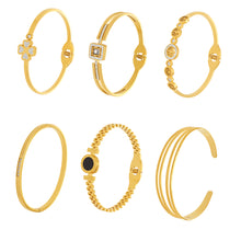 18K gold zircon clasp bangle set (6 styles) on white background, minimalist jewelry collection