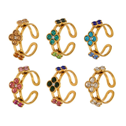 18K PVD gold clover flower zircon stack ring made with 316L stainless steel for wholesale boutique jewelry buyers
