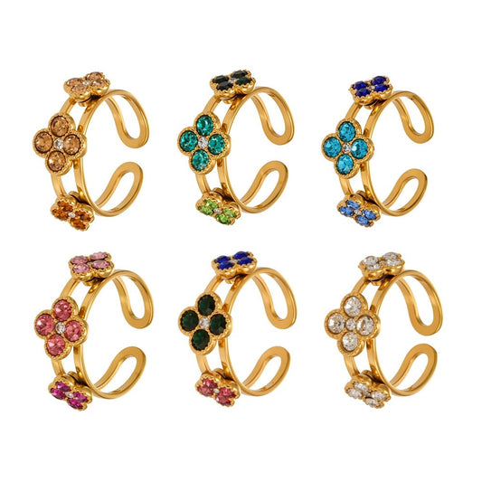 18K PVD gold clover flower zircon stack ring made with 316L stainless steel for wholesale boutique jewelry buyers