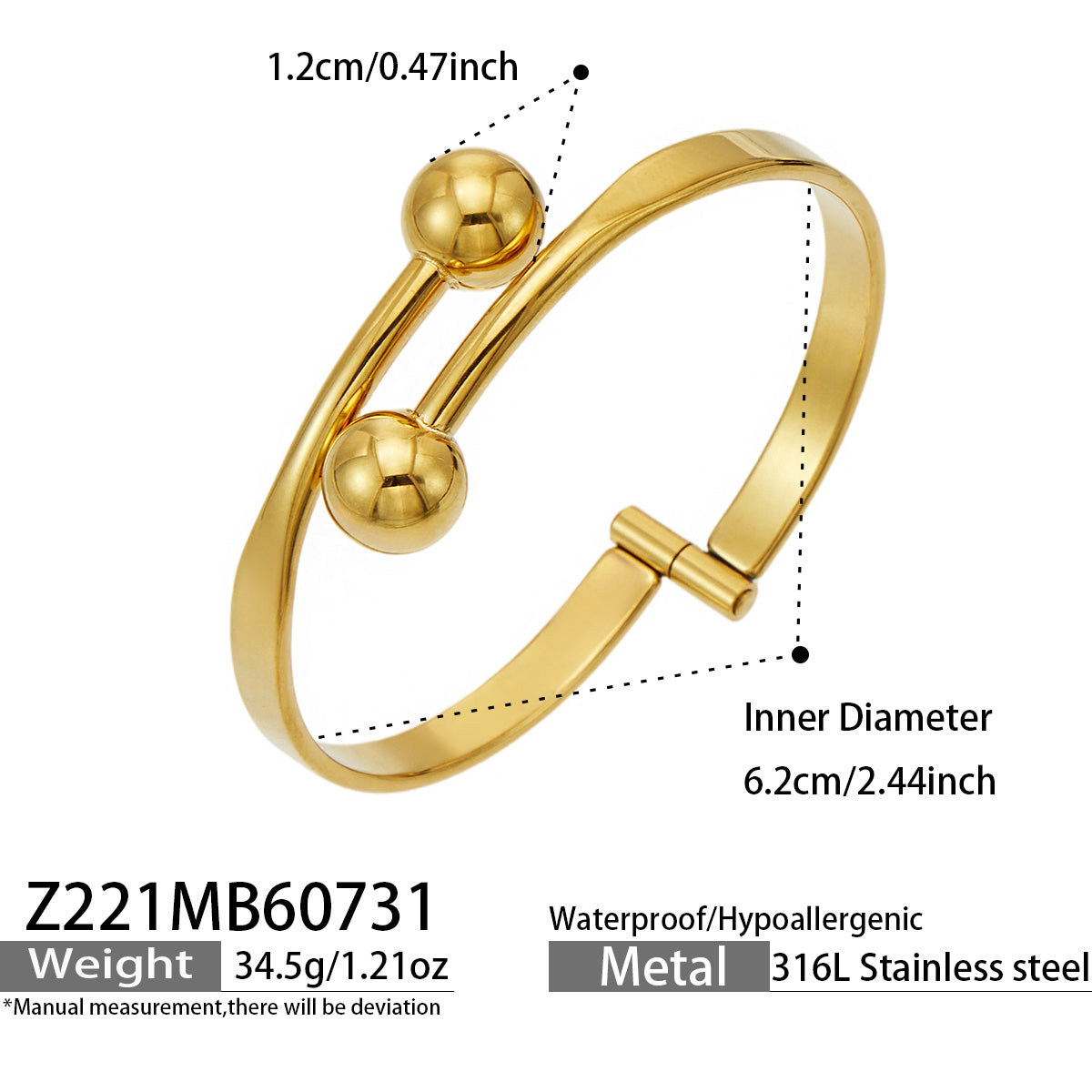 18K PVD gold double ball cuff bracelet dimensions, weight and product specification guide