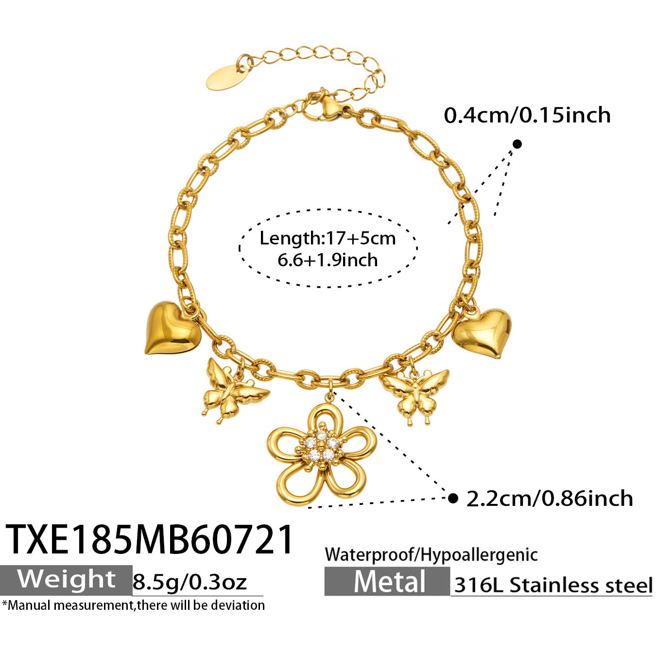 Size specifications for an 18K PVD gold floral butterfly charm bracelet