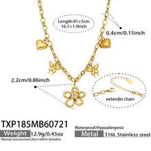 Size and product details for an 18K PVD gold floral butterfly charm necklace