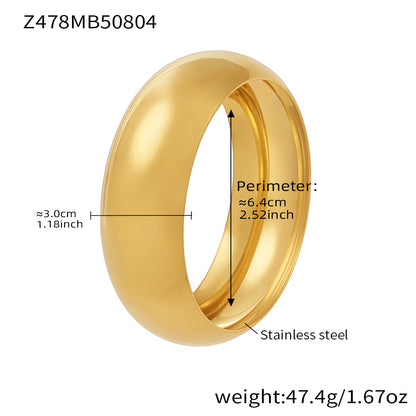 18k gold plated stainless steel wide cuff bracelet 3.0cm width, spec view with perimeter weight details