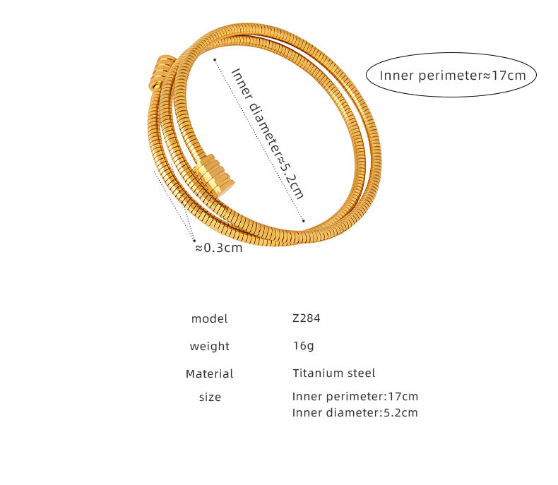 18k gold plated titanium steel snake bone chain bracelet spec view, inner perimeter 17cm, weight 16g