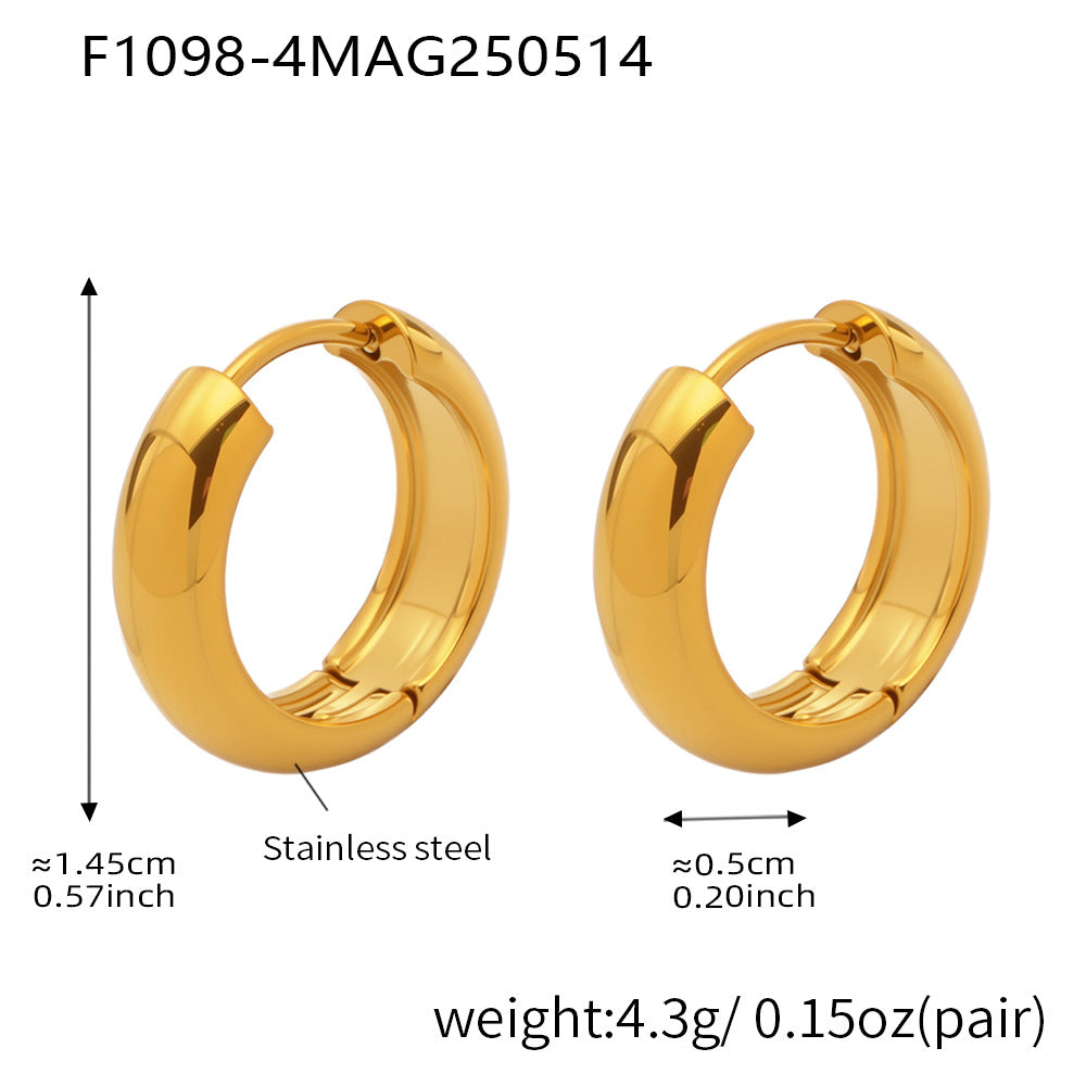 18K PVD gold stainless steel hoop earrings measuring approximately 14.5 mm in outer diameter and 5 mm wide, weighing 4.3 g per pair