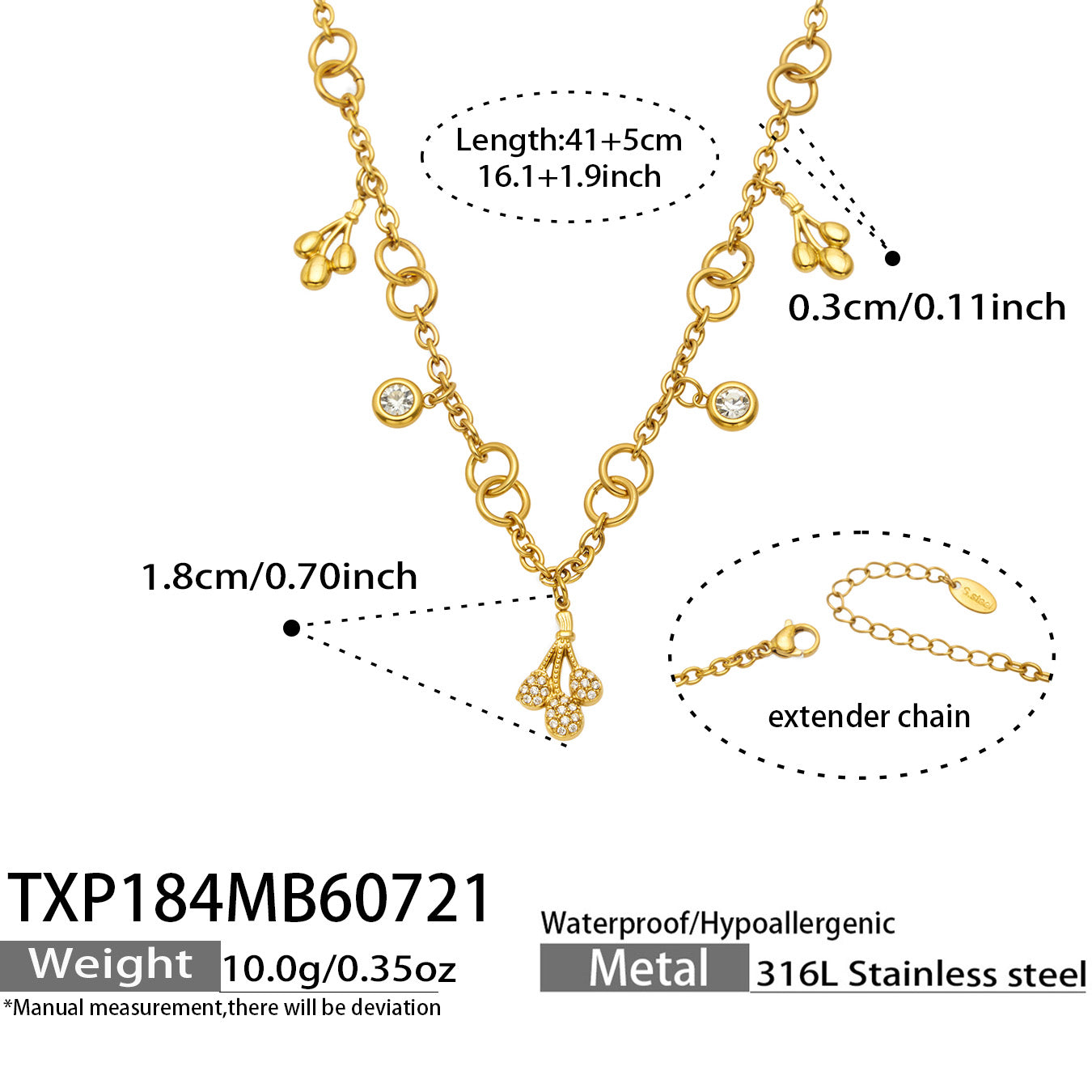 Size specifications for an 18K PVD gold teardrop zircon necklace