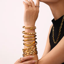 18K real gold PVD plated luxury bangle set stacked on wrist, trendy fashion styling
