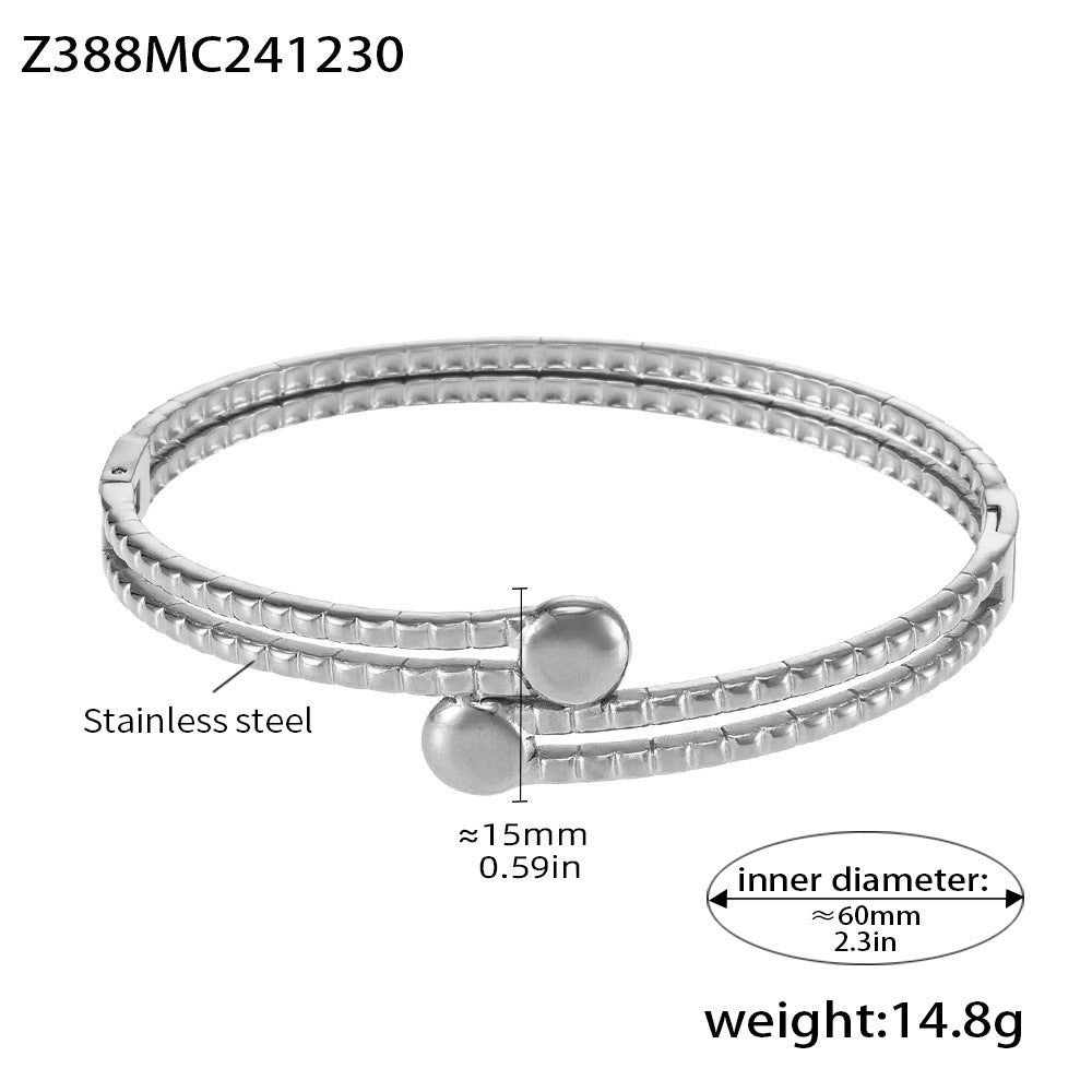 Silver stainless steel bangle (Z388MC241230), double loop design, inner diameter 60mm, weight 14.8g